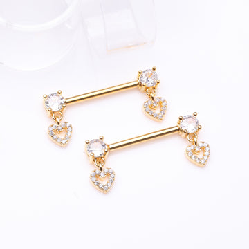 Detail View 1 of A Pair of Golden Brilliant Sparkle Heart Gem Hollow Dangle Nipple Barbell-Clear Gem